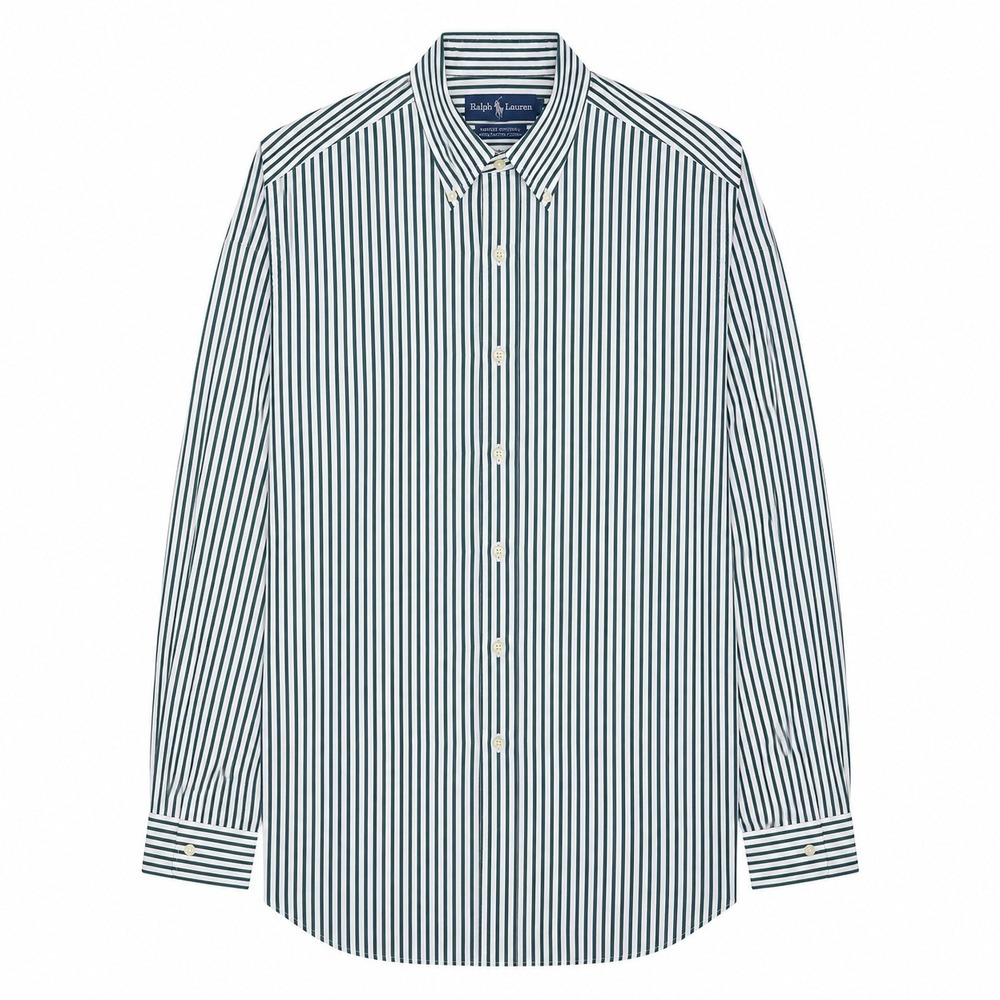 Ralph Lauren Shirt Mens XL Vintage Buttondown Green White Striped Two Ply Cotton